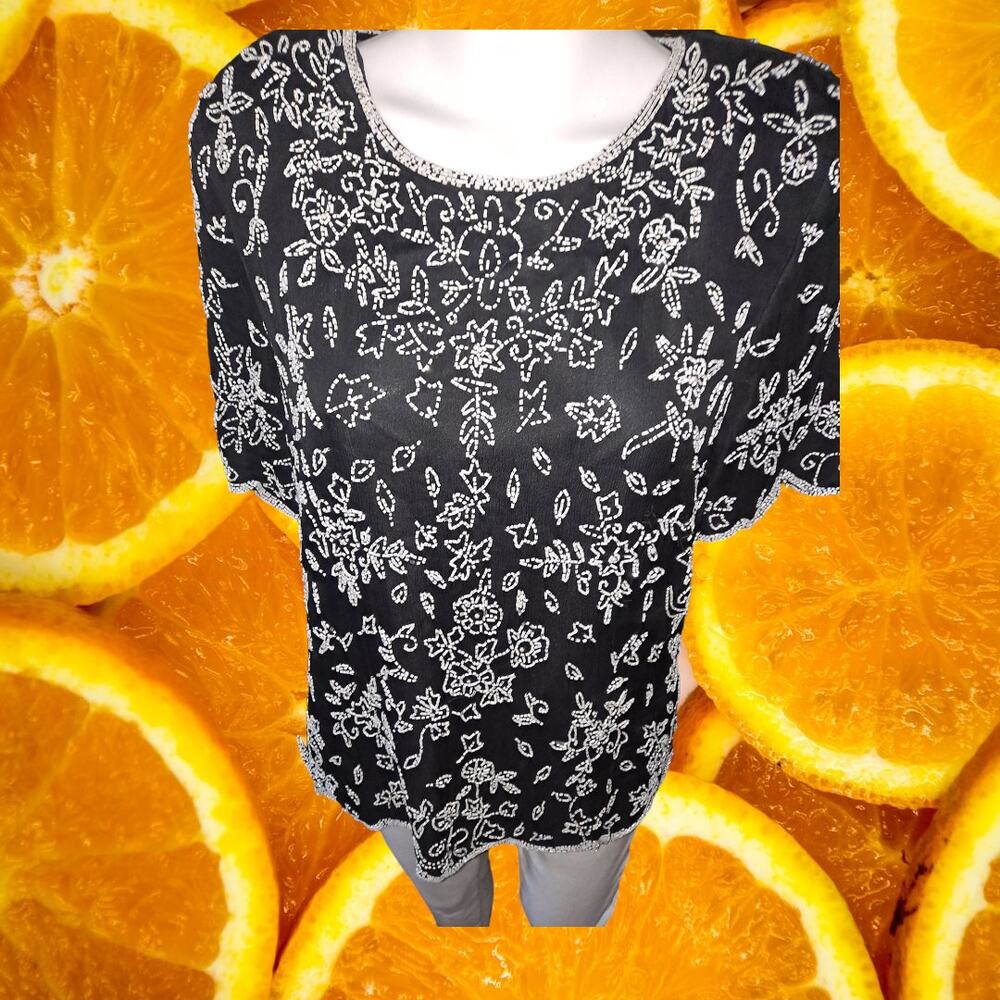 Vintage Stenay Black with White Floral Beaded Design Size XL